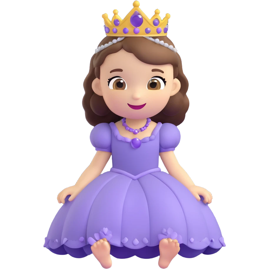 Sofia the First as a 3D emoji, sitting with her animal friends, in her purple dress and tiara, joyful emoji
