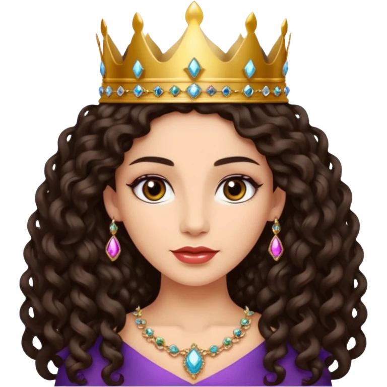 Queen with long dark curly hair, dark brown eyes, light olive skin tone. can you make the skin tone lighter? emoji