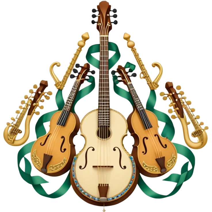Design a complex and festive emblem-like emoji representing plucked string instruments, such as a banjo, mandolin, domra, sitar, and similar instruments. The composition should resemble a heraldic crest, with the instruments arranged symmetrically and gracefully, their necks intertwining with a flowing ribbon of musical notes. The ribbon should weave through the strings and headstocks, symbolizing the harmonious connection between the instruments. Use detailed engraving on the instrument bodies and fretboards to emphasize their craftsmanship. Incorporate rich, celebratory colors like gold, mahogany brown, deep green, and vibrant accents. Add subtle shading and light reflections to create a three-dimensional, polished look. Include ornate elements like swirls, laurel leaves, and decorative flourishes to enhance the festive and professional appearance. The background should be transparent to highlight the emblem as a standalone piece. emoji