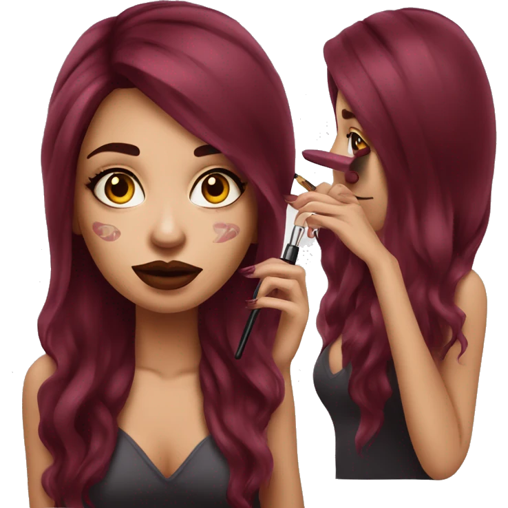 Beautiful tattooed burgundy long haired woman doing her makeup emoji