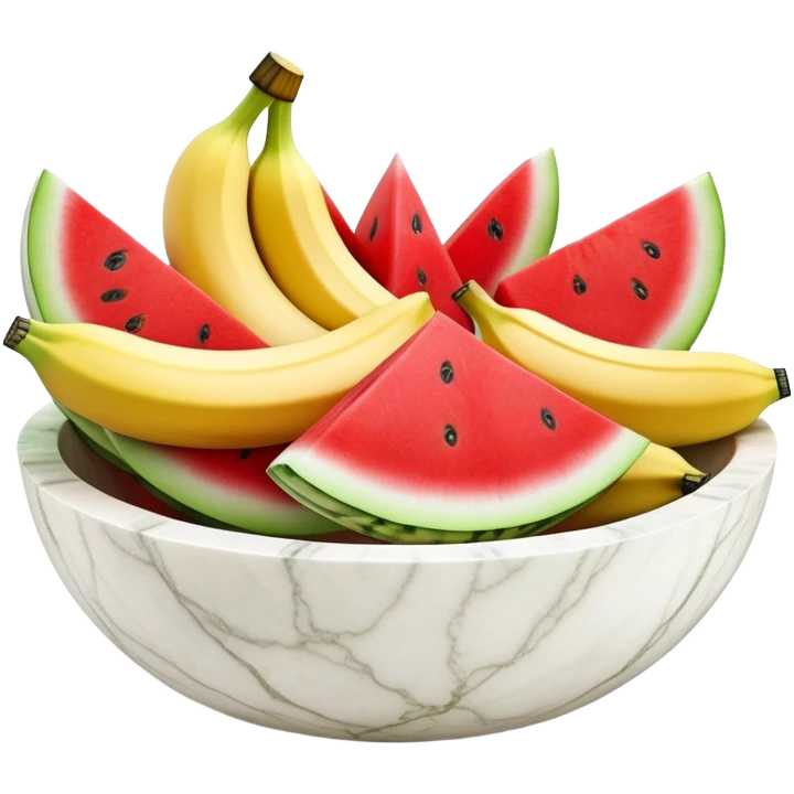 A simple 3D color illustration of a fruit bowl made of white marble with sliced watermelon, sliced banana with realistic shading and texture, on a pure white background. emoji