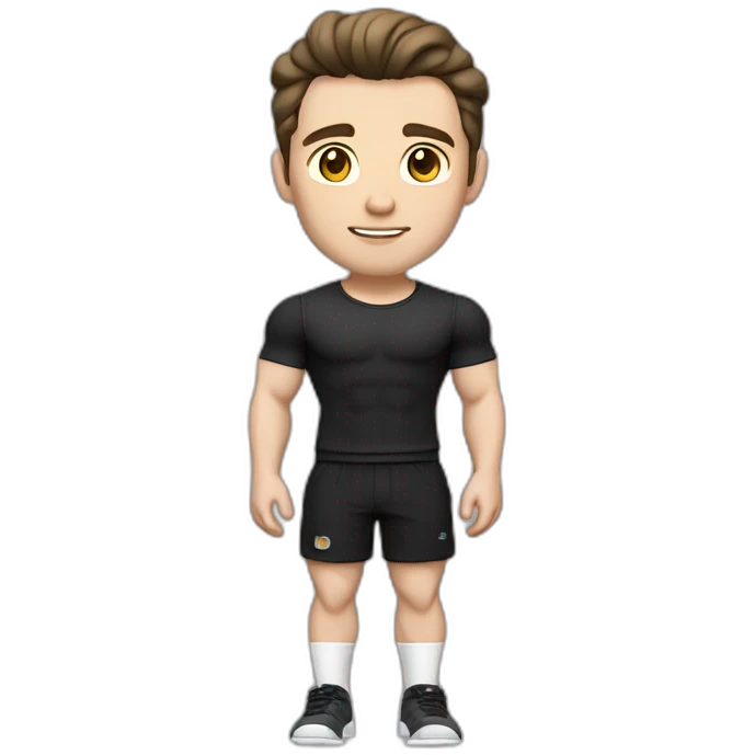 Pale skinned Fit Man With the biceps and dark brown hair in black shirt, gray sports shorts and white Sneakers emoji