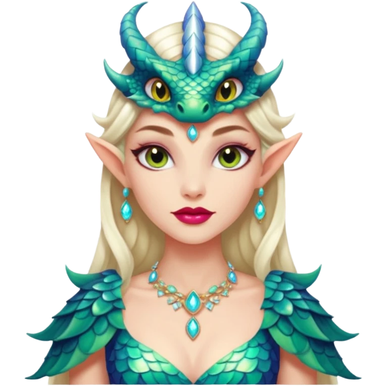 Am amazing blend of a half dragon woman with glittering jeweled scales covering her body. She has large almond shaped eyes, lush lips, and she wears a stunning luminescent gown. emoji