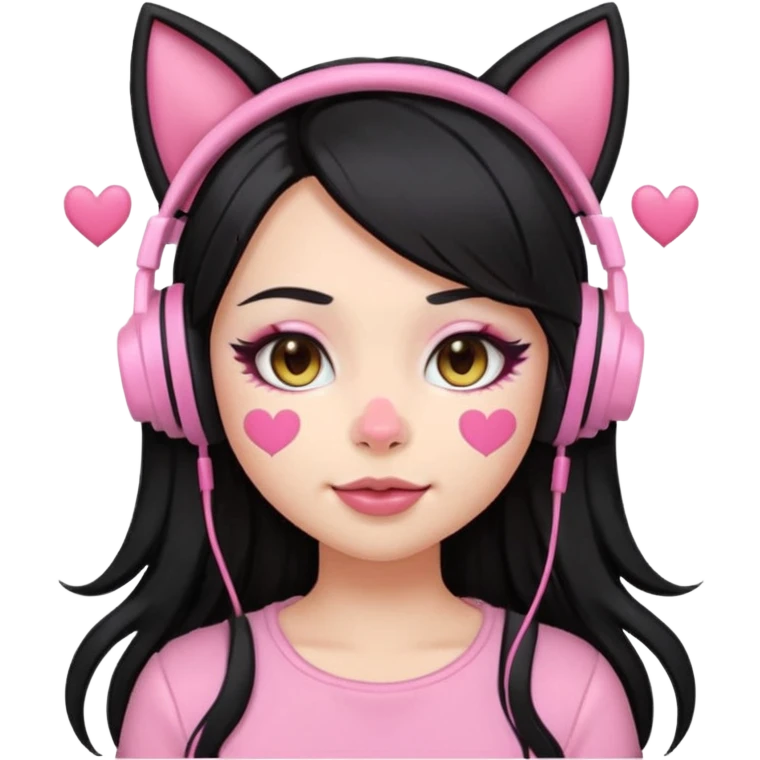 “Emoji girl, pastel pink streaks in thick long black hair hair, bold winged eyeliner, heavy blush on cheeks and nose bridge, under-eye hearts, glossy pink lips, playful smirk and gaming headphones and cat ears.” emoji