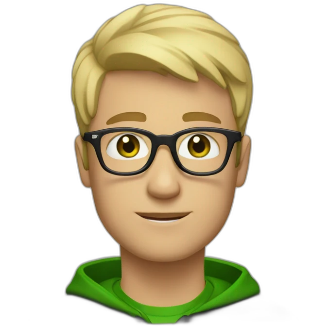 A blond short haired man with green eyes and a black sweatshirt with clear glasses emoji