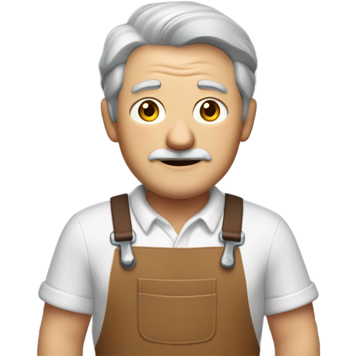 "A older man with rough hands, short light brown hair, and a friendly, naive expression. He wears a work apron over simple clothes and holds a hammer or wood in a rustic workshop." emoji