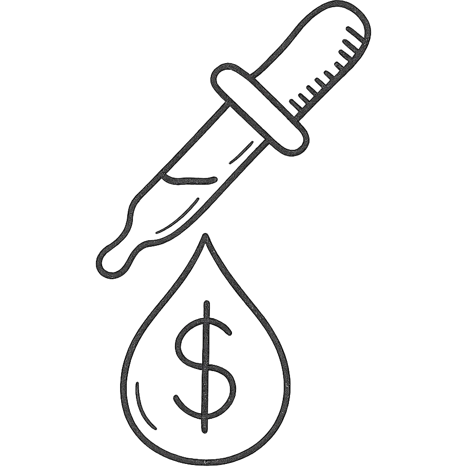 hand-drawn outlined pipette at the top of a golden drop with a dollar sign inside the drop emoji