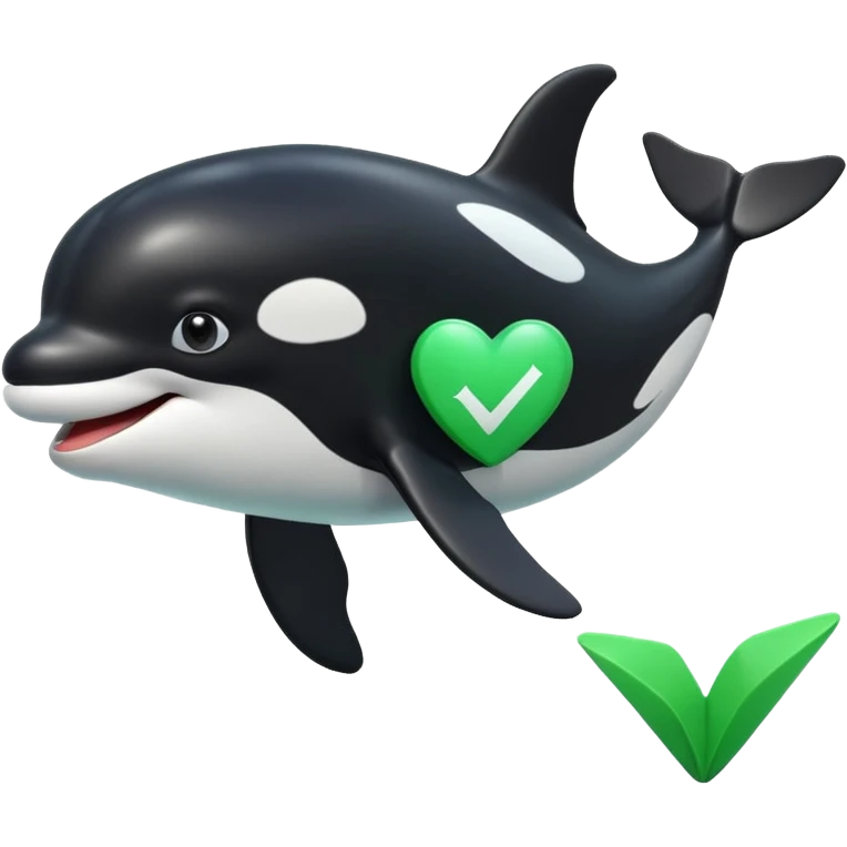 3d Cartoon orca with a green checkmark next to it emoji