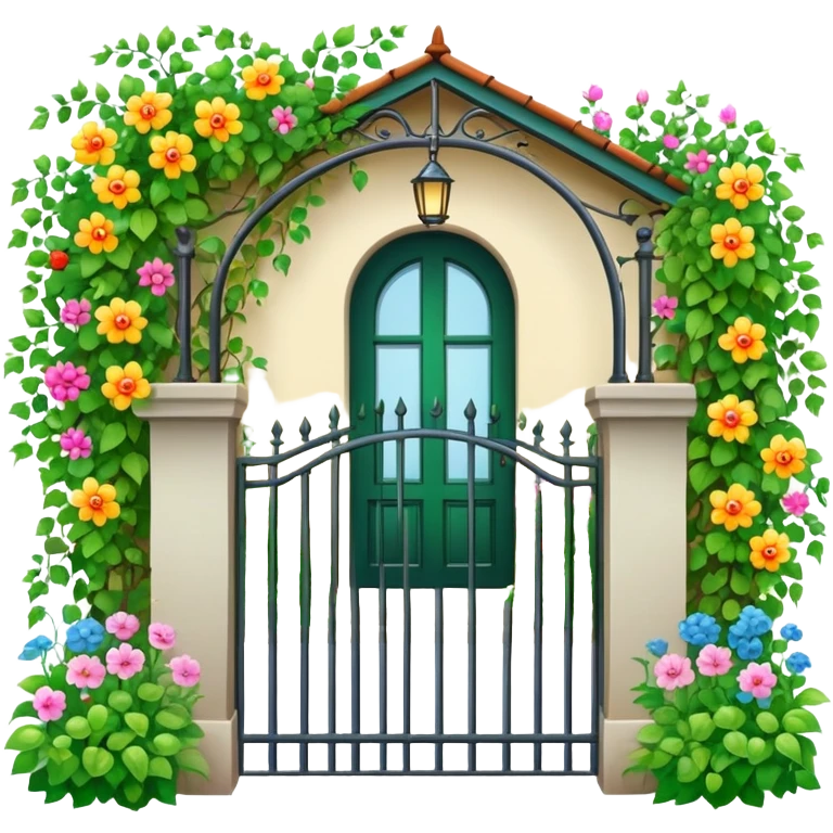 iron fence house entrance with vines, flowers and garden emoji