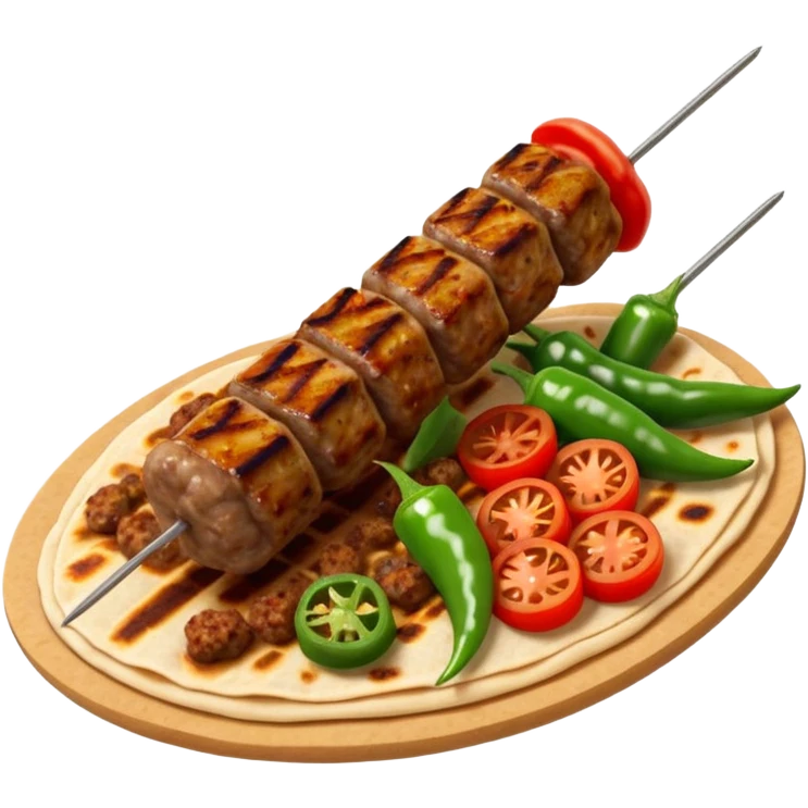Adana kebab object icon, spicy grilled minced meat skewer, served on flatbread, grilled tomatoes and green peppers on the side, smoky char marks, juicy texture, 3D cartoon, mobile game icon style, centered, clean background, no text, no watermark
 emoji