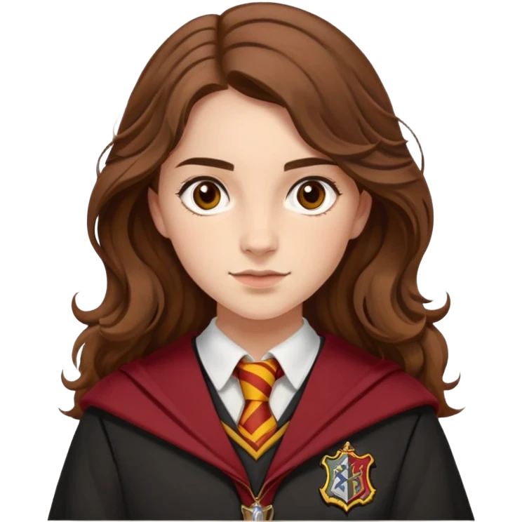 Georgina Leonidas is Katie Bell in harry potter, wear hogwarts gryfindor uniform, medium-to-long, wavy brown hair, a practical and natural look, light skin emoji