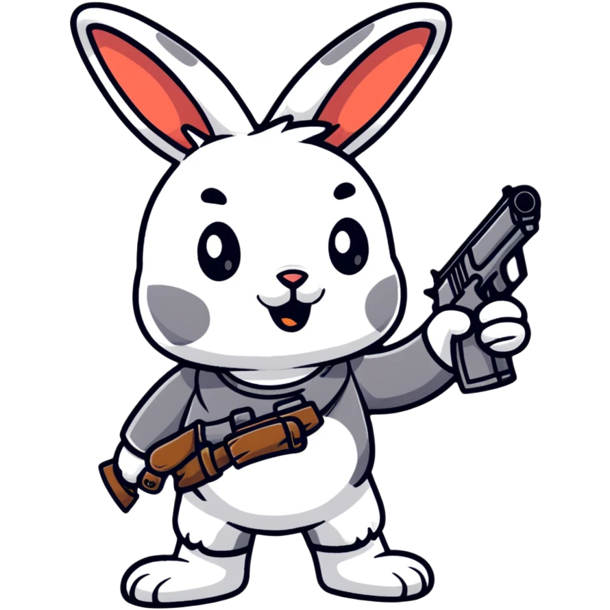 A cartoon rabbit holding and shooting with a gun emoji