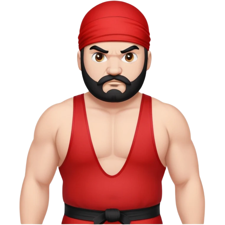 Close-up of extremely fat white skin guy with young face, prominent BLACK DURAG tied clearly on head, distinct black beard and mustache, no muscle, black eyes in a red and black wrestling singlet with angry face emoji