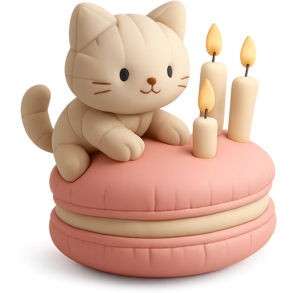 kitten riding giant macaron with candles, cushion style emoji