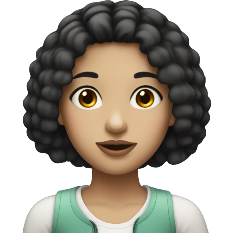 Girl with short black hair, white skin and brown eyes and she drinking a emoji