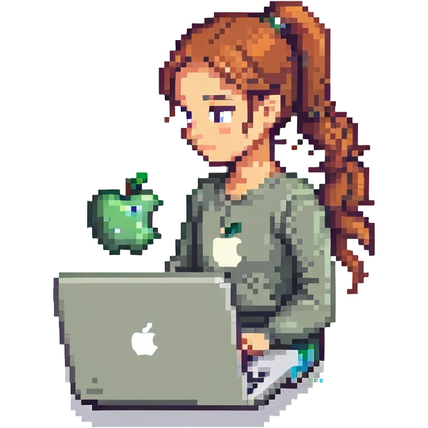 girl with ponytail using a laptop with an apple logo, simple background, pixel art style emoji
