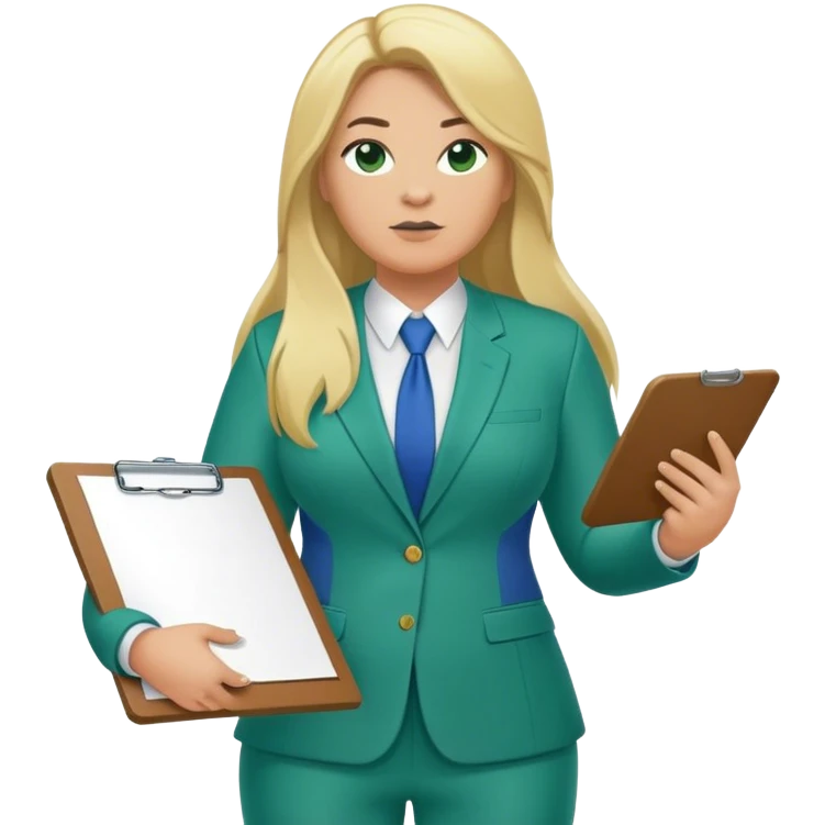 Full Body white plus size female basketball head coach using a clipboard with long blonde hair in a blue and green suit emoji