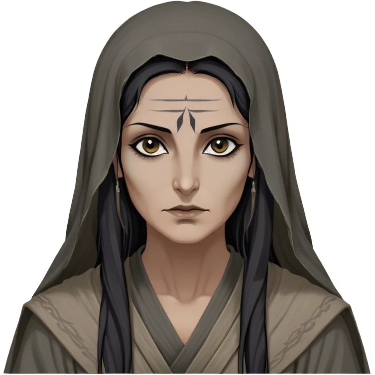 Mirri Maz Duur is a weathered, middle-aged Lhazareen woman with deep-set dark eyes, high cheekbones, and a sharp nose, giving her a stern, knowing expression. Her long, unkempt dark hair streaked with gray falls loosely over her shoulders, and her earth-toned, tattered robes mark her as a humble healer. Despite her frail appearance, she exudes an aura of mystery and menace, her hands stained with herbs and blood from both healing and dark sorcery. emoji