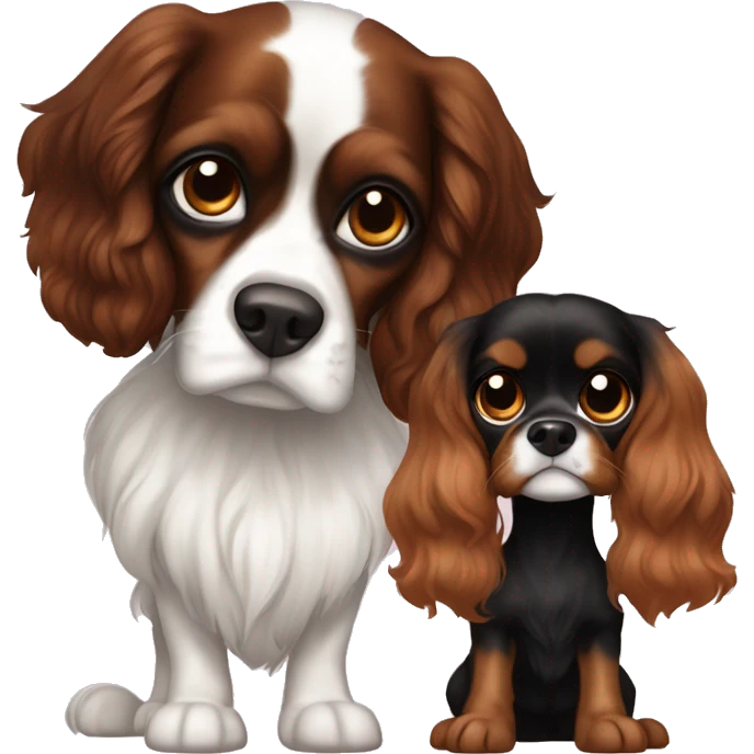One Blenheim Cavalier and one black and brown cavalier with heart eyes emoji