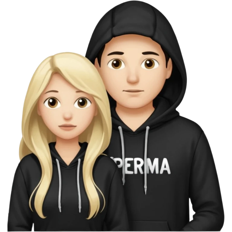 chce by to byla taka emotka 🙍‍♂️
chlopaka z czarnymi losami i czarna bluza z biaty.m
napisem "sperma" na srdoku i zeby za nim stala taka ladna blondynka z dlugaimi wlosami i ona  ciagnaca za sznurek od
kaptura od bluzy tej pierwszej osobyl emoji