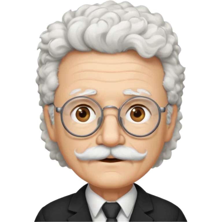 An elderly scientist emoji fluffy curly white hair, brown eyes behind black-framed glasses, a narrow pointed face, and a thin straight white mustache above his mouth. emoji