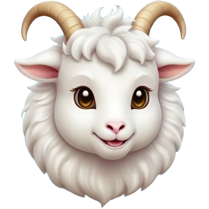 Cinematic Cute White Goat Portrait Emoji, Head tilted playfully and inquisitively, featuring a fluffy, immaculate white fur with charming curved horns, round, sparkling eyes filled with gentle curiosity, Simplified yet irresistibly adorable features, highly detailed, glowing with a warm, friendly glow, high shine, affectionate and lively, stylized with a touch of whimsical charm, bright and endearing, soft glowing outline, capturing the essence of a mischievous yet loving goat, so playful it feels like it could trot out of the screen and into your arms! emoji