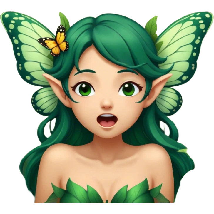 Cinematic Realistic Forest Fairy Portrait, head tilted slightly with a dramatic, wide-open yawn, revealing a tender, relaxed visage with finely detailed tanned skin and flowing, vine-adorned dark green hair gently framing her face. Her sleepy eyes exude a serene, dreamlike quality as soft natural sunlight filters through the canopy, showing her large butterfly wings from her back capturing the essence of a drowsy yet captivating forest drifting into peaceful slumber. emoji