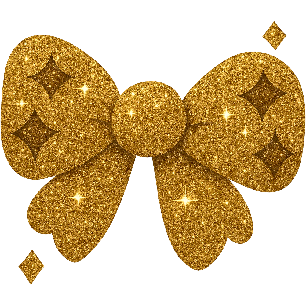 Make the glittery bow gold glitter, keep it sparkling and decorative with no background. The style should emphasize gold glitter texture and sparkling details, elegant and festive. emoji