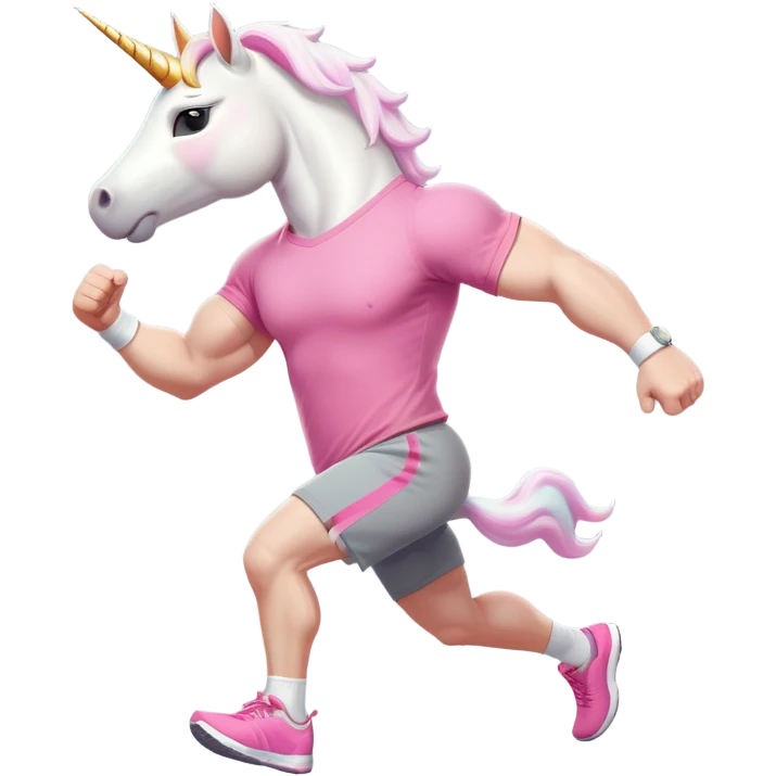 friendly anthropomorphised male white unicorn with a fit, chunky, muscular and strong physique, arms and legs matching the white of the head, in grey shorts and pink t-shirt, wearing dark sunglasses, jogging upright in a standard pose emoji