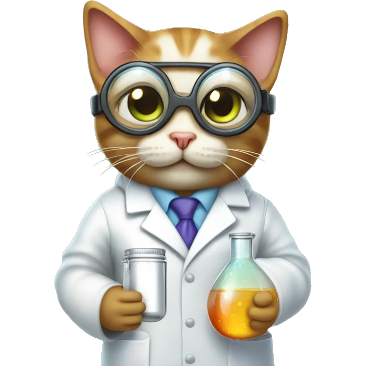 Cat wearing chemistry lab coat goggles and has flask with chemicals. show whole body emoji