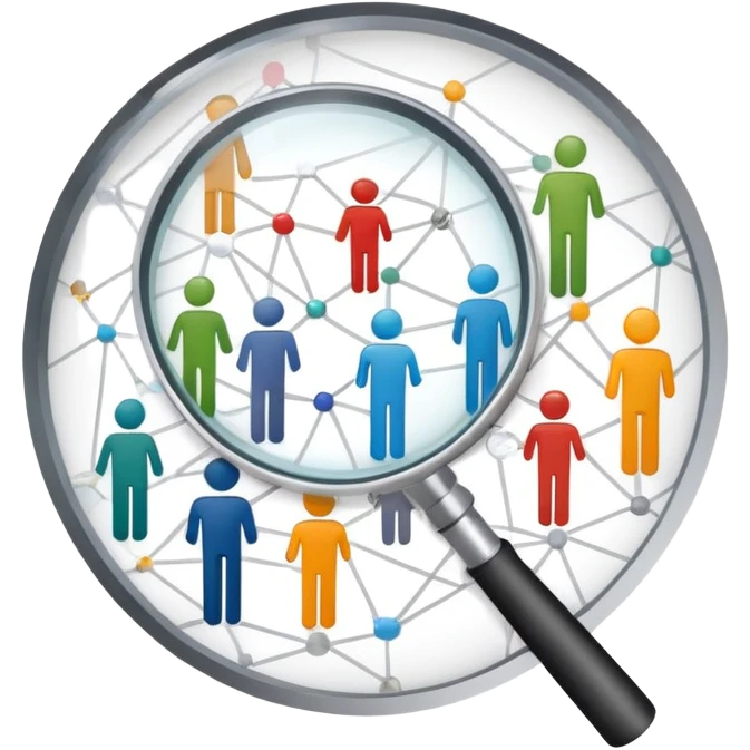 An icon featuring a group of diverse people, a social network diagram, and a magnifying glass, symbolizing sociology. The design includes charts and interconnected lines, representing the study of societies, relationships, and social behavior. Transparent background highlights social analysis. emoji