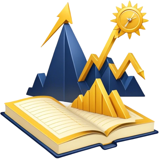 A yellow productivity book with navy blue and gold details, and chart with upward trend aura, radiating productivity, strategy, and success in motion with time and happiness yellow... power in time aura of happiness emoji