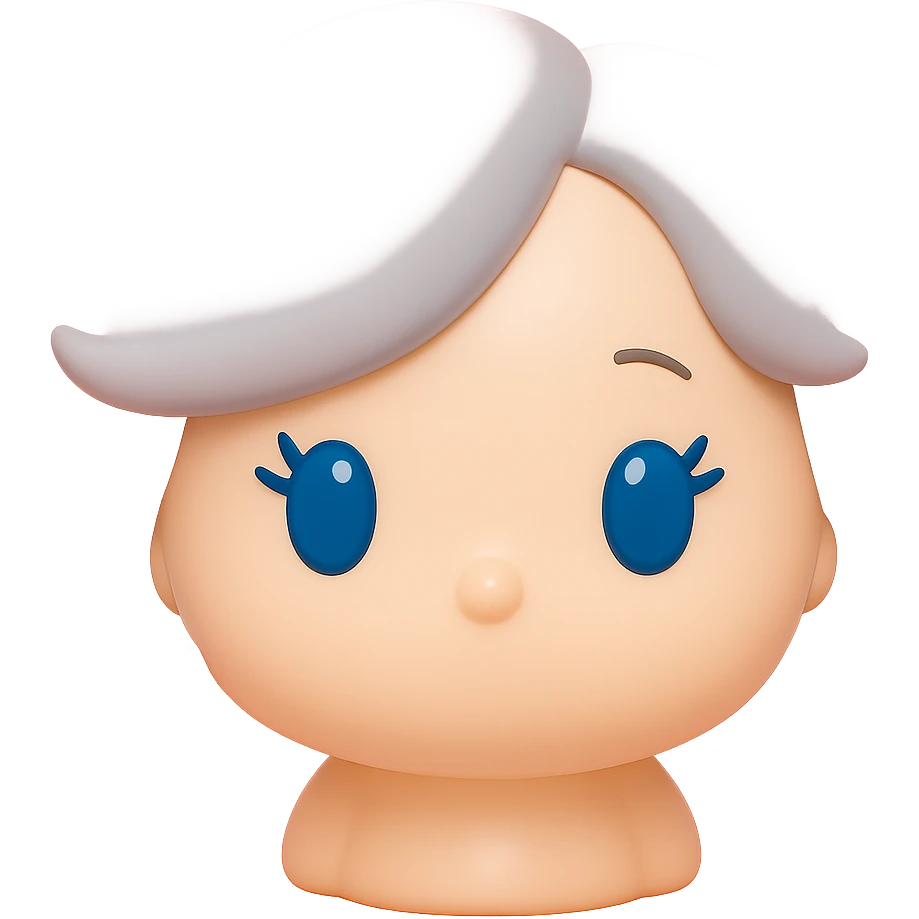 Change the plush texture to a soft, smooth fleece (not wrinkly), keep pure silver grey hair, blue eyes, 1940s bob hairstyle, cute plush-style eyelashes, no body, no mouth, no white border, transparent background. emoji