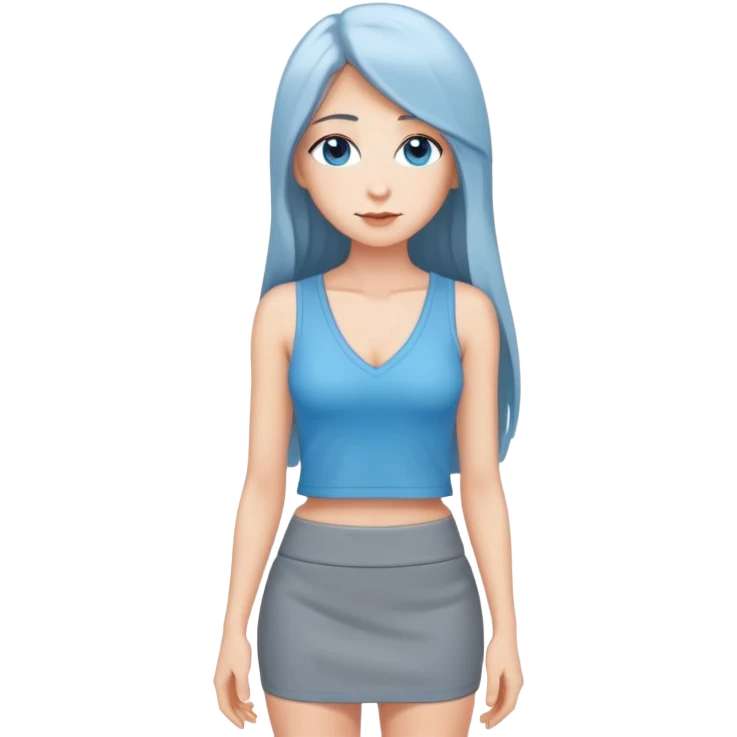 hyperrealistic caucasian, deep sky blue, long straight hair, white deep v-neck crop tanktop, gray tight mini skirt emoji