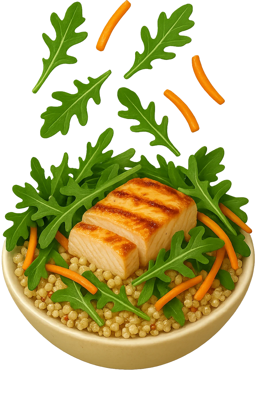 EMOJI STILE IPHONE DI Insalata di quinoa e pollo con rucola e carote che cade verticalmente dall'alto, iperrealistica 4k emoji