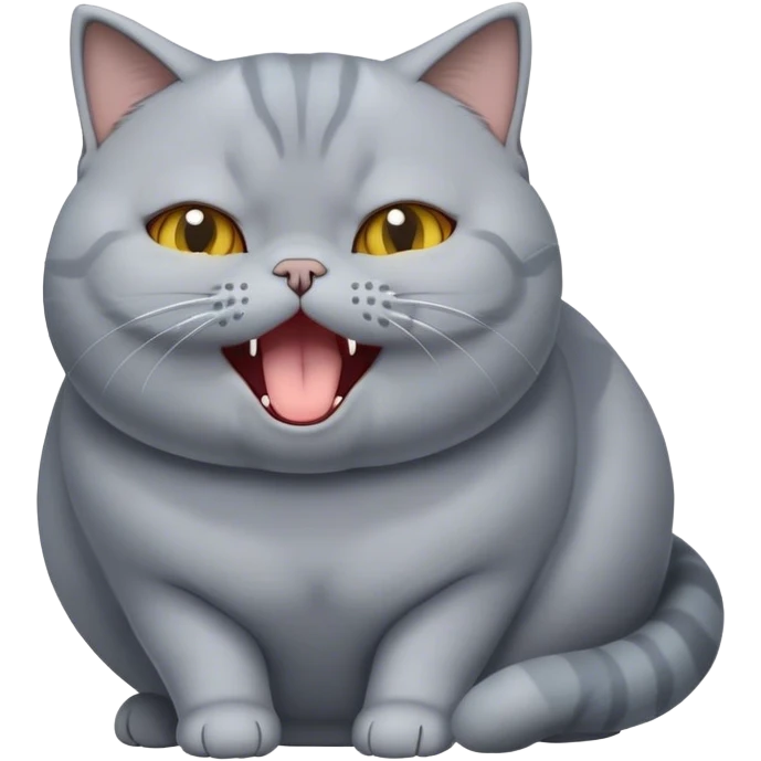 Cinematic Comical Grey British Shorthair Cat Portrait Emoji, Head tilted dramatically while yawning exaggeratedly, round and plump body with sleek soft grey fur and subtle blue undertones, Simplified yet hilariously adorable features, highly detailed, glowing with an almost sarcastic glow, high shine, a mix of lazy and disinterested, stylized with a touch of playful whimsy, bright and alert but with a hilariously bored expression, soft glowing outline, capturing the essence of a mischievous yet overly dramatic kitty, so meme-worthy it feels like it could leap off the screen and sarcastically demand attention, perfect for the internet's next viral meme! emoji
