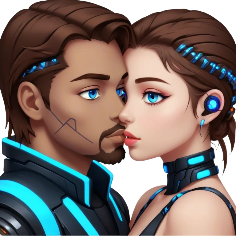 Neon cyberpunk style 
girl with brown hair and blue eyes kiss man emoji