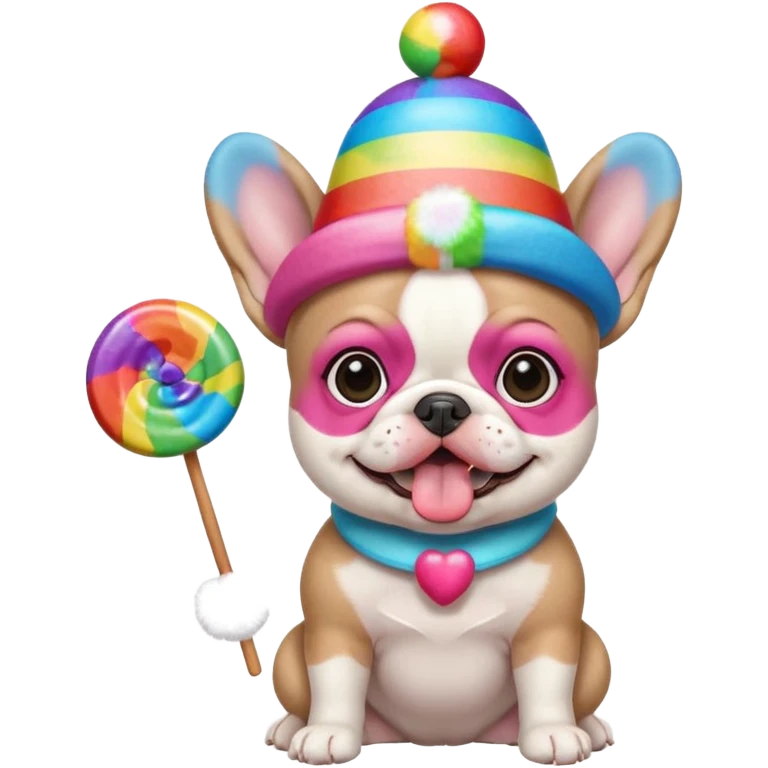 baby french bulldog wearing a propeller hat and holding a comically large rainbow lollipop  emoji