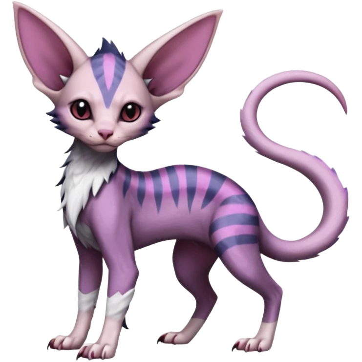 Furry, scaly, Purple, white, black, Minccino-Sphynx-Lykoi-Linoone-Zangoose-fusion-hybrid-animal-Fakémon-creature, full body, thin long sleek scaly tail, intricate markings emoji