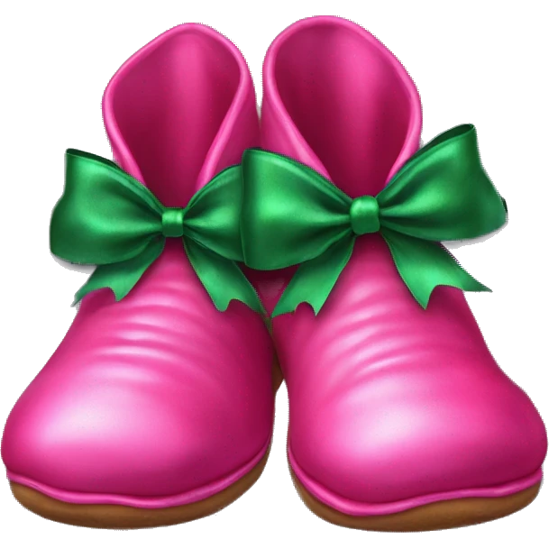Realistic hot pink pair of elf shoes with green silk bow on top. emoji