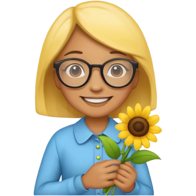 Create a yellow emoji holding flowers and wearing glasses with a joy expression emoji