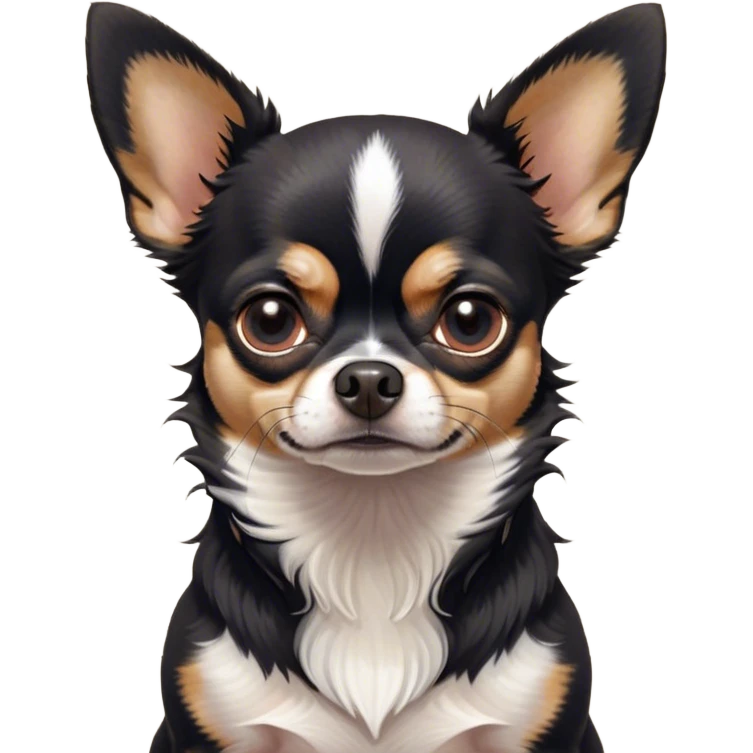 Cinematic Grumpy Black Tri Short Haired Chihuahua Portrait Emoji, Head tilted slightly with a deeply unimpressed expression, thick black tri-color fur with prominent white and tan patches, large, droopy dark eyes narrowed into an unamused glare, ears slightly drooping in exasperation, Simplified yet comically expressive features, highly detailed, glowing with a dry, sarcastic glow, high shine, effortlessly judgmental yet dignified, stylized with a touch of cynicism, bright but brooding, soft glowing outline, capturing the essence of an eternally unimpressed yet endearing pup, so lifelike it feels like it could sigh heavily at you in disdain at any moment! emoji