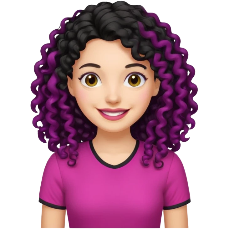 mujer blanca con cabello largo rizado negro sonriendo y con camisa fucsia emoji