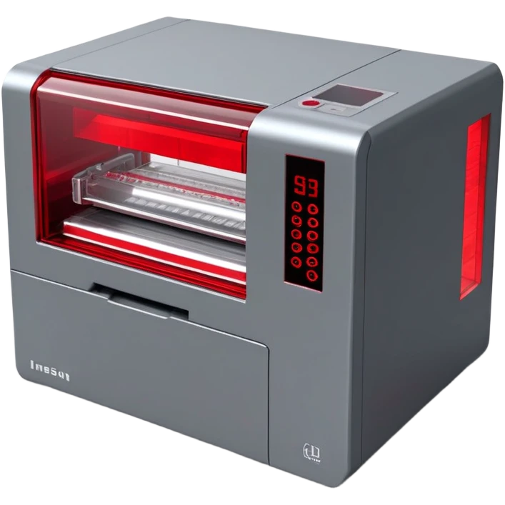 Realistic 3D render of a compact processing machine, printer-like design:
- Rectangular industrial device with clean edges
- Red transparent window/panel on the front showing mechanical movement inside
- Small metallic gray gears visible through the window
- Red LED status lights on the top panel
- Subtle ventilation grids on the sides
- Minimal metallic gray housing
- Small red glowing details between panels
- Technical/industrial finish with slight reflection
- Modern, clean aesthetic like a high-tech printer
- Subtle red glow emission from internal mechanisms
--ar 1:1
--style raw
--v 5.2
--no text
--q 2
--c 20 emoji