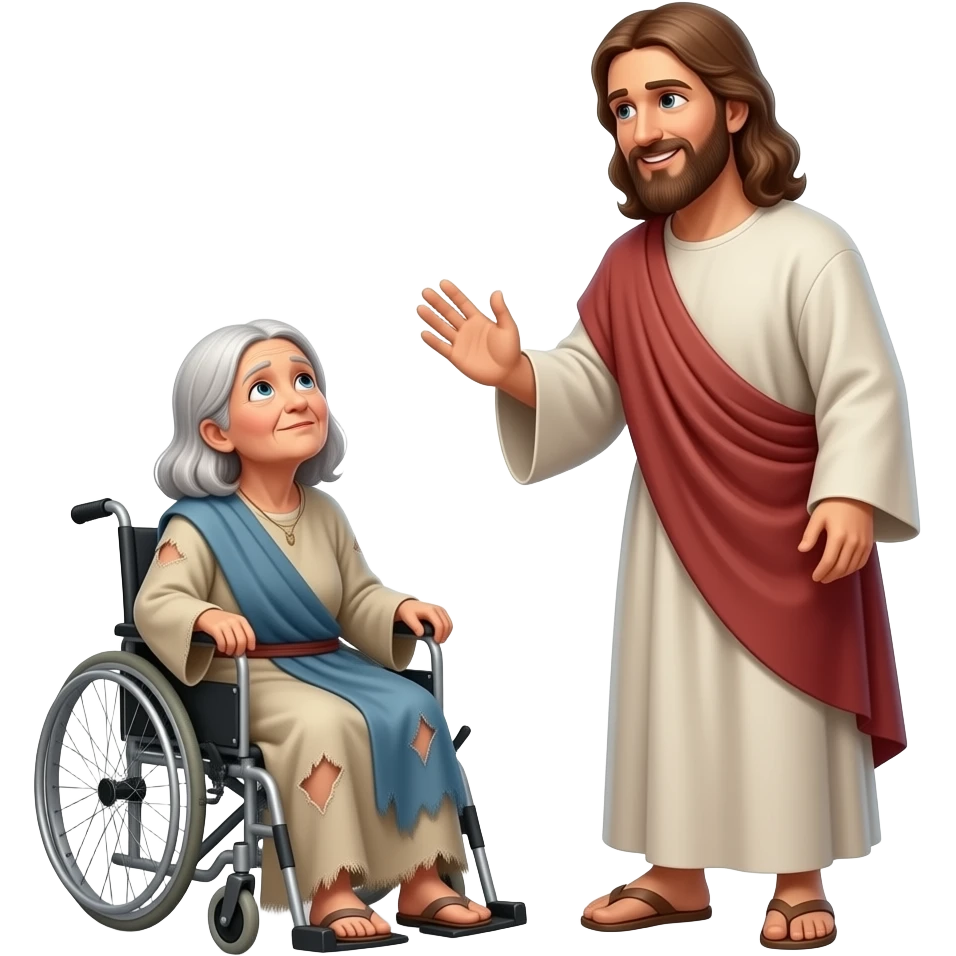 A full bodied old paralyzed woman Who is poor sitting on the ground unable to walk and dress in tattered biblical clothing and Jesus stops to talk to him With a smile on his face emoji