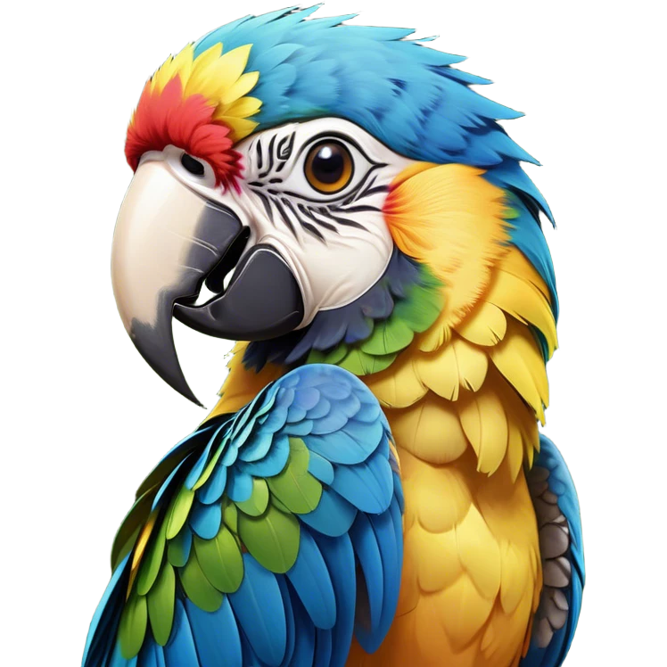 Cinematic Cute Macaw Portrait Emoji, Head tilted playfully and inquisitively, with a dazzling array of colorful plumage and round, sparkling eyes filled with charm, Simplified yet irresistibly adorable features, highly detailed, glowing with a warm, friendly tropical glow, high shine, affectionate and lively, stylized with a touch of whimsical vibrancy, bright and endearing, soft glowing outline, capturing the essence of a mischievous yet loving parrot that seems as if it could flutter out of the screen into your arms! emoji