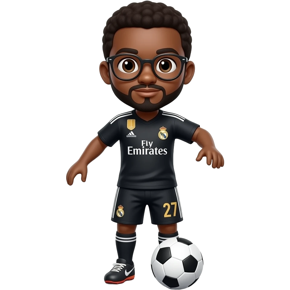 black boy with glasses playing soccer with a black madrid jersey number 27 and a little mustache and a goatee emoji