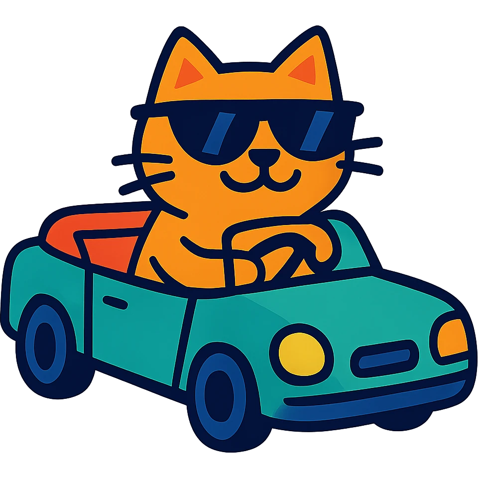 chat avec des lunettes de soleil dans une voiture décapotable, style cartoon vibrant emoji