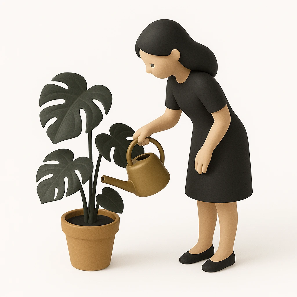 woman watering her monstera plant emoji