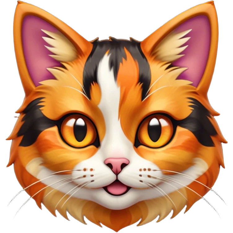 Cinematic Comical Calico Cat Portrait Emoji, Head tilted dramatically with an exaggeratedly surprised expression, showcasing a vibrant patchwork fur of orange, black, and white with wide, comically expressive eyes, simplified yet hilariously detailed, glowing with a sassy, golden radiance, high shine, exuding playful mischief and cheeky feline attitude, styled with a soft glowing outline, capturing the essence of a calico cat that looks ready to leap off the screen with mischievous flair! emoji